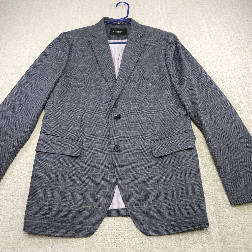 Banana Republic Blazer Men 40R Tailored Slim Fit Gray Brown Plaid Cotton Modern